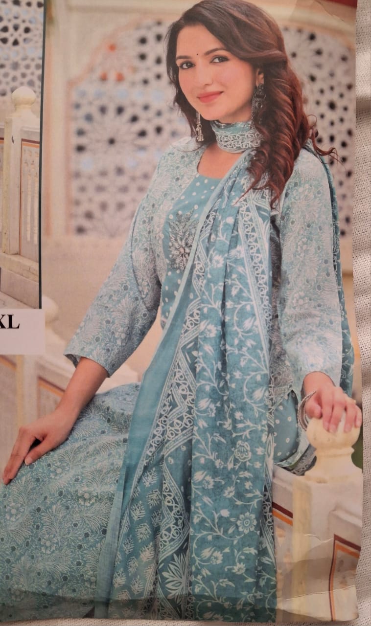 Women's pure cotton floral straight kurta paint with dupatta