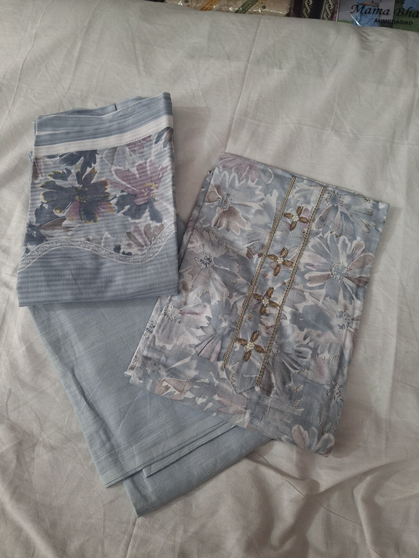 Elegant Dusty Blue Floral Unstitched Salwar Suit Set with Embroidered Top – Soft Cotton Blend Fabric