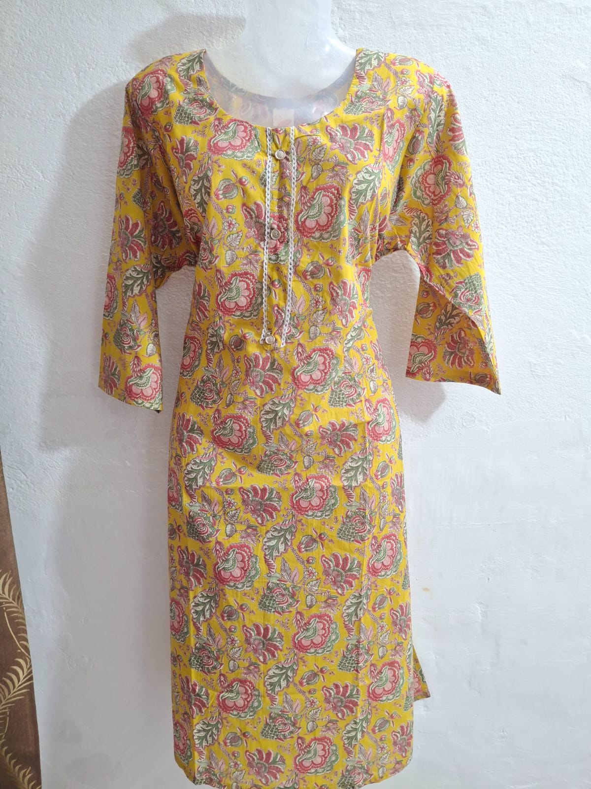 Mustard Yellow Floral Printed Cotton Kurti