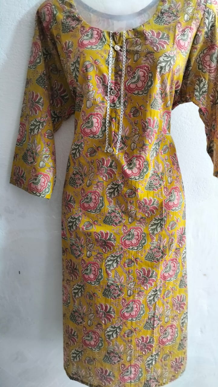 Mustard Yellow Floral Printed Cotton Kurti