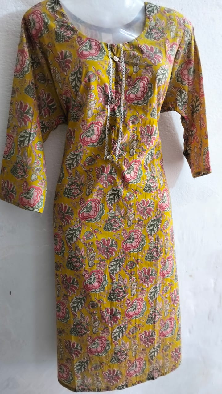 Mustard Yellow Floral Printed Cotton Kurti