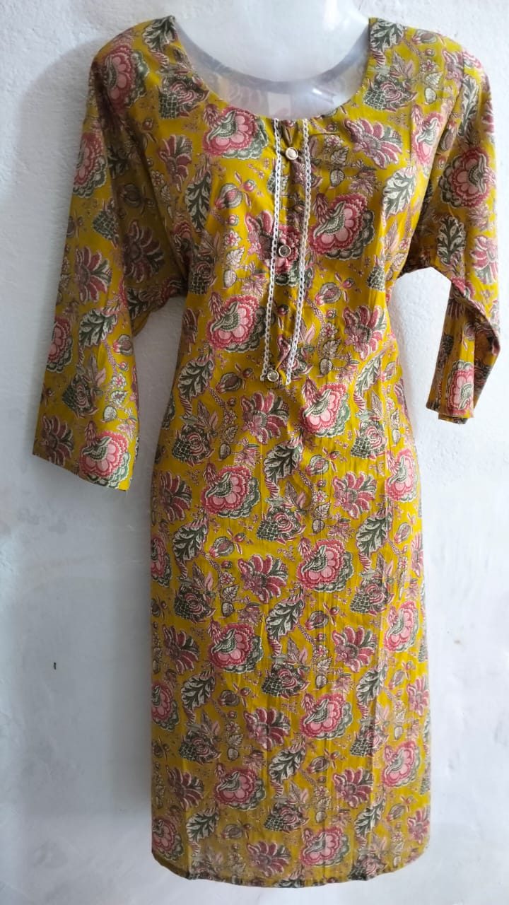 Mustard Yellow Floral Printed Cotton Kurti