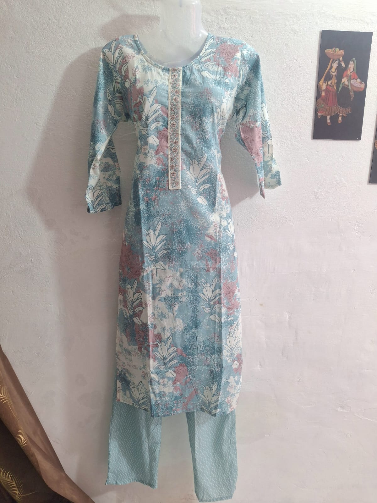 🌿✨ Aqua Mist Floral Printed Cotton Stitched Suit Set ✨🌿