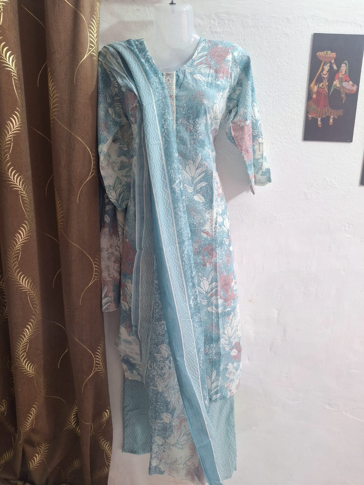 🌿✨ Aqua Mist Floral Printed Cotton Stitched Suit Set ✨🌿