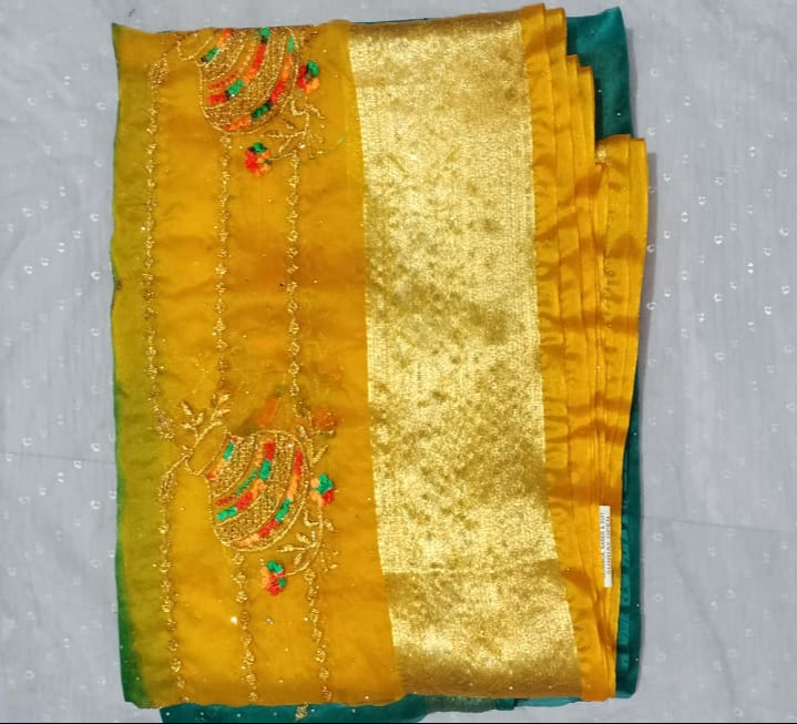 Elegant Teal Green & Mustard Yellow Organza Saree πΏπ with Golden Zari Border β¨