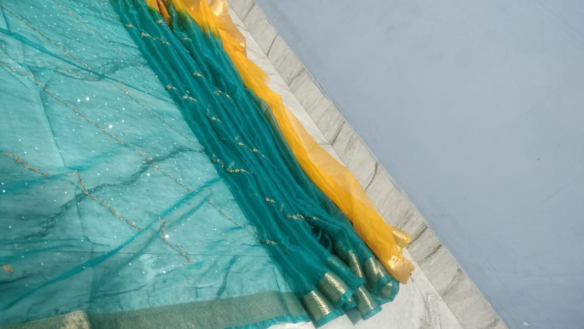 Elegant Teal Green & Mustard Yellow Organza Saree πΏπ with Golden Zari Border β¨