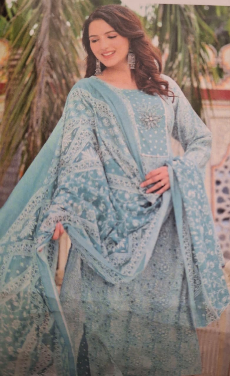 Women's pure cotton floral straight kurta paint with dupatta