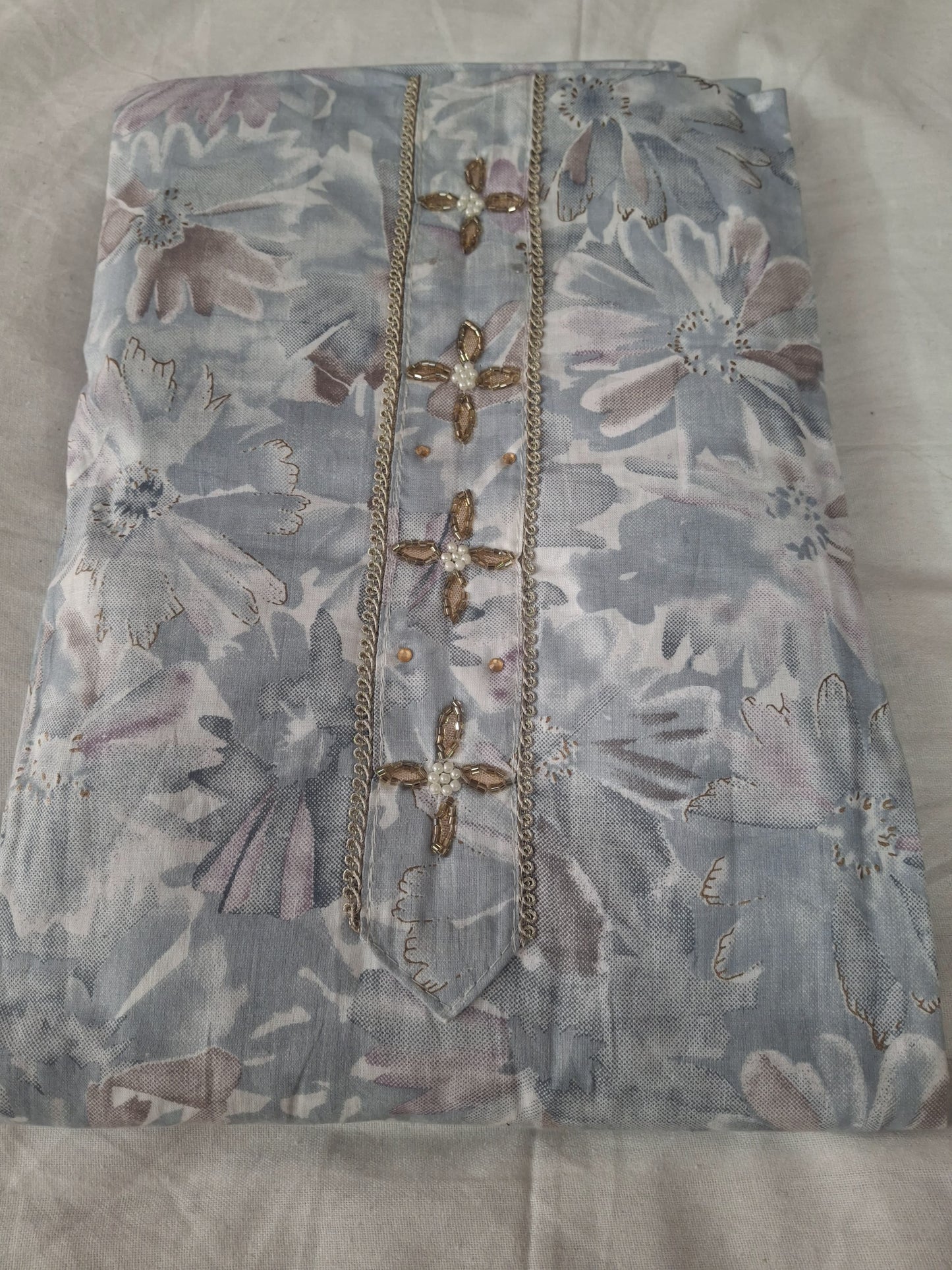 Elegant Dusty Blue Floral Unstitched Salwar Suit Set with Embroidered Top – Soft Cotton Blend Fabric
