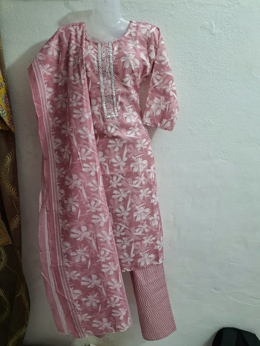 🎀Pink Floral Cotton Suit Set with Printed Dupatta & Bottom