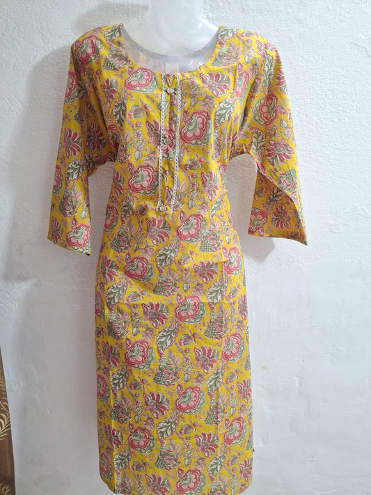 Mustard Yellow Floral Printed Cotton Kurti