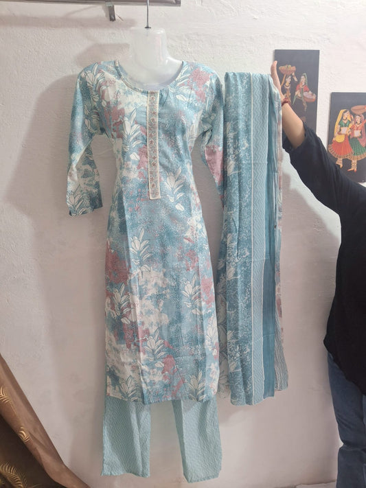 🌿✨ Aqua Mist Floral Printed Cotton Stitched Suit Set ✨🌿