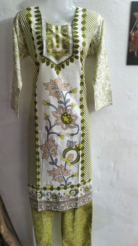 🌿 Ready-to-Wear Light Green Floral Cotton Suit Set 🌸
