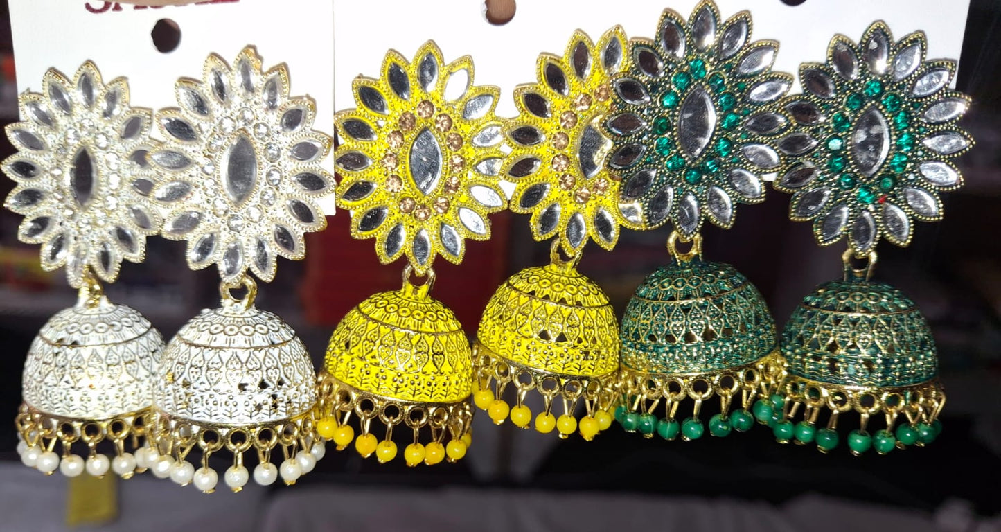 ✨ Traditional Floral Jhumka Earrings – Set of 3 (White, Yellow & Green)