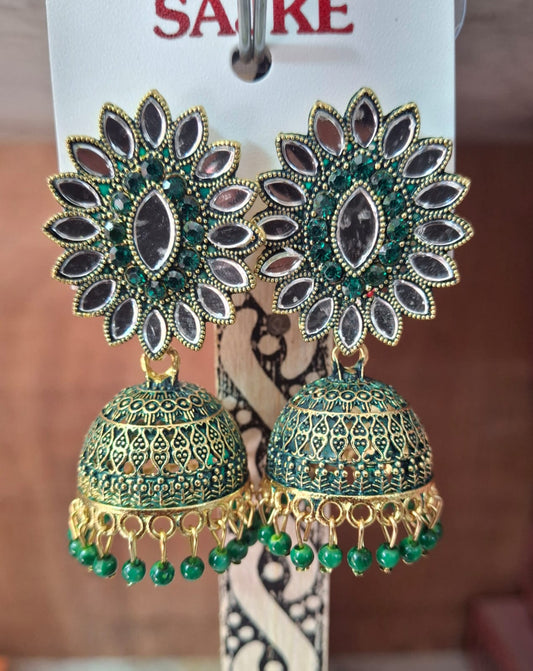 ✨ Traditional Floral Jhumka Earrings – Set of 3 (White, Yellow & Green)