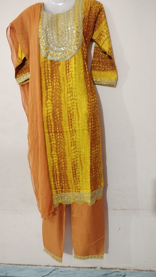 Radiant Yellow Bandhani Suit Set with Mirror Work Detailing