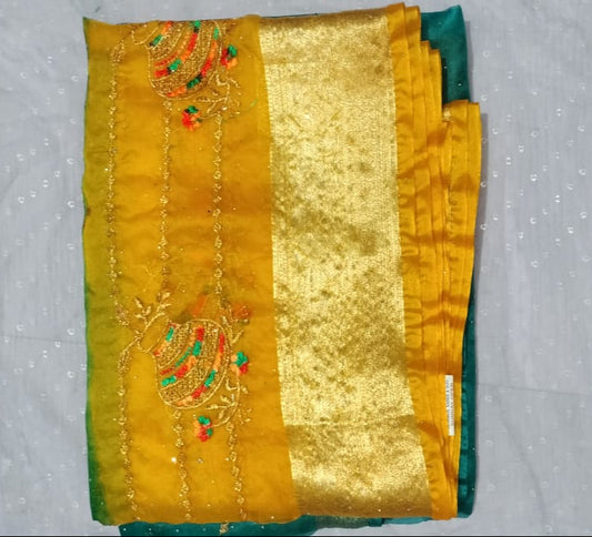 Elegant Teal Green & Mustard Yellow Organza Saree 🌿💛 with Golden Zari Border ✨