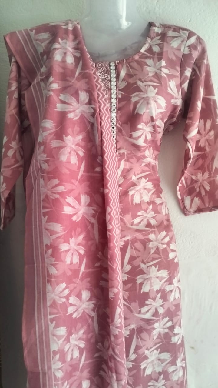 🎀Pink Floral Cotton Suit Set with Printed Dupatta & Bottom